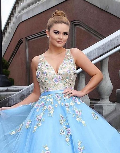 Light Blue Prom Dresses,Tulle Prom Gown,Applique Prom Dress,Formal Evening Dress,Formal Women Dress,DS4266