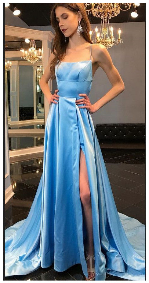 Long Prom Dress,Women Party Gowns,Blue Formal Gowns,Straps Prom Dresses,Split Prom Dress,DS4268