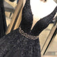Sexy Schwarzes V-Ausschnitt Tüll Spitze Perlen Langes Ballkleid, Schwarzes Abendkleid Abendgarderobe, DS4487