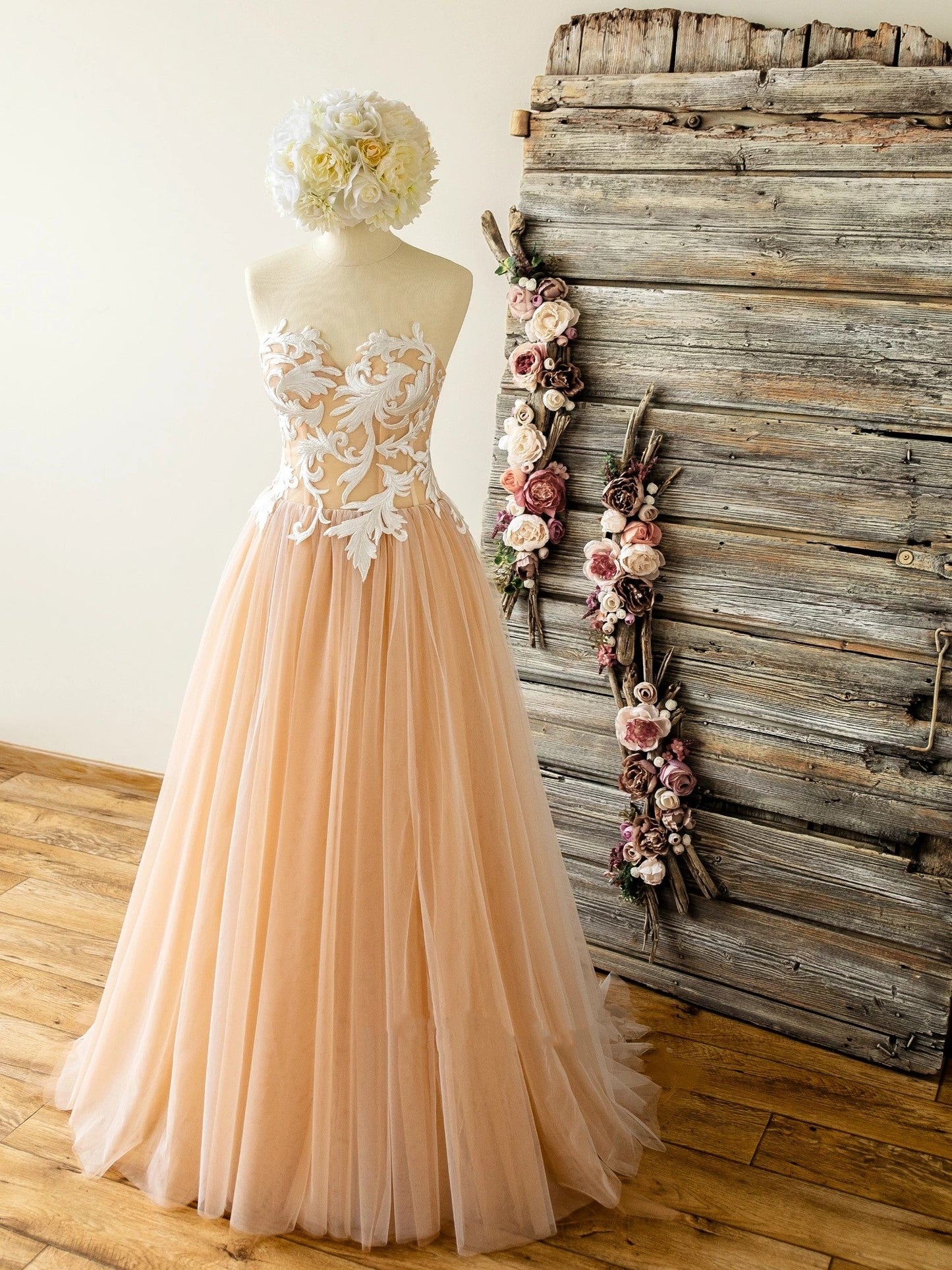 Strapless Nude Wedding Dress with Lace Top,Sweetheart Tulle A Line Prom Dress,DS4086