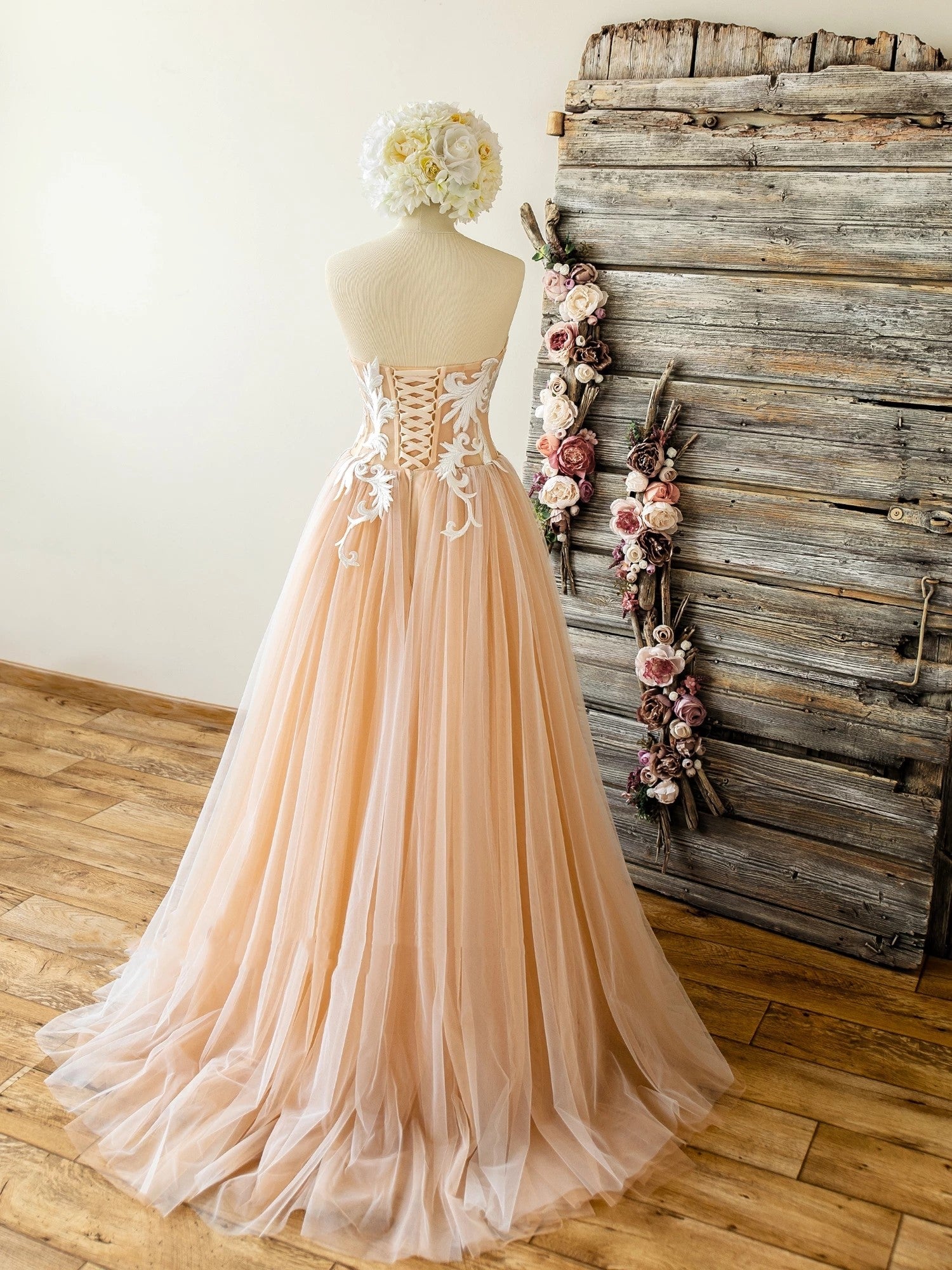 Strapless Nude Wedding Dress with Lace Top,Sweetheart Tulle A Line Pro DSProm Strapless Nude Wedding Dress with Lace Top,Sweetheart Tulle A Line Pro DSProm