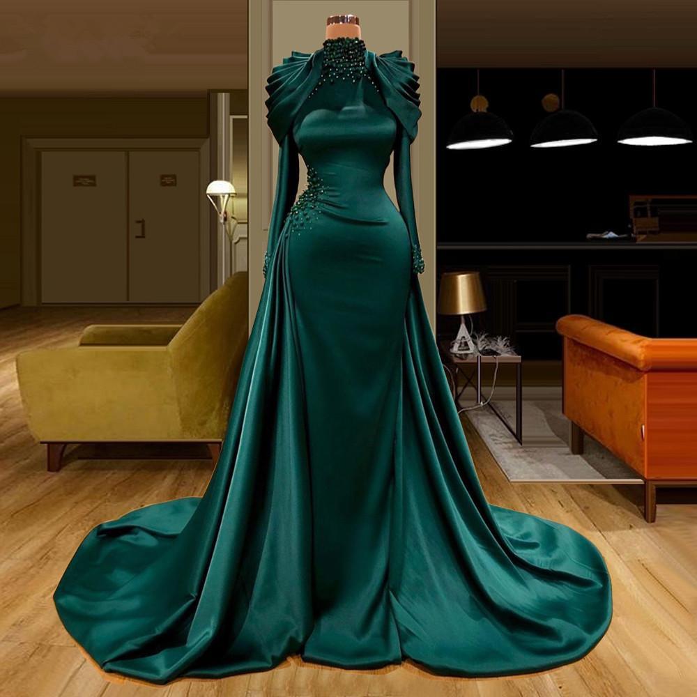 green prom dress, high neck prom dress, long sleeve prom dress, satin evening dresses, detachable skirt evening dreses, pearls prom dresses, long sleeve evenng dresses,DS5047