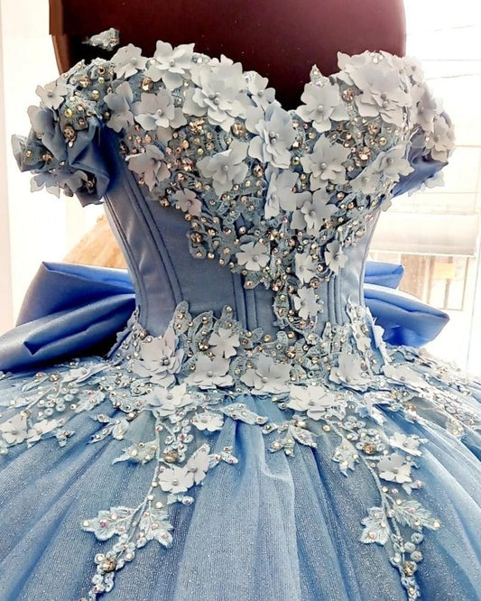 Sexy Sweetheart Blue Quinceanera Dresses Ball Gown 2021 Bow Knot Appliques Formal Kids Prom Party Dress Wear Long,DS4597