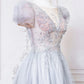Gray round neck tulle lace long prom dress, gray tulle evening dress,DP24588