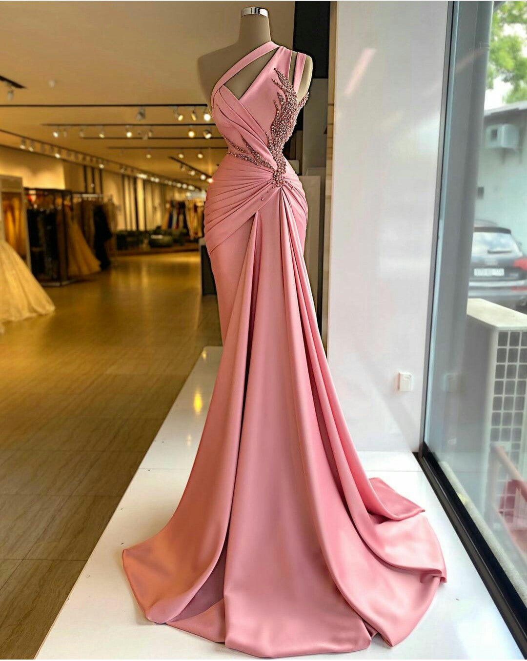 pink prom dresses, pleats prom dresses, pearls prom dresses, pleats prom dresses satin prom dresses,BD1482