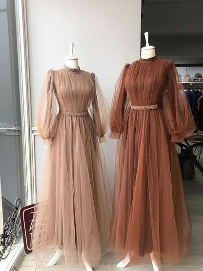 long sleeve prom dresses high neck tulle brown vintage a line cheap simple beaded prom gown robes de cocktail,DS4337