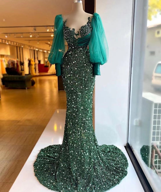 hunter green evening dresses long sleeve modest elegant sparkly mermaid luxury formal party dresses women evening gown,DS4955