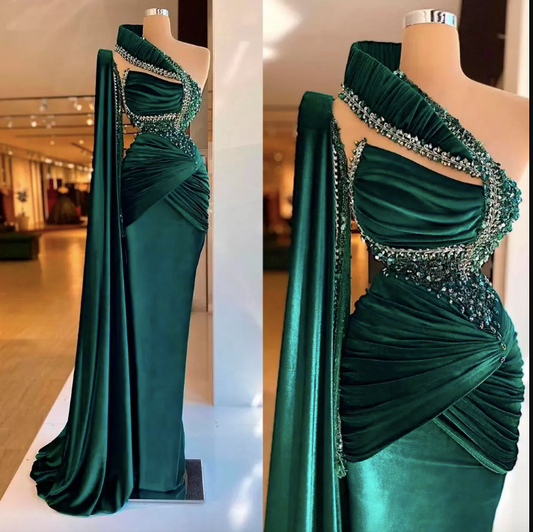 Elegant Beaded Velvet Prom Dresses Sparkly Sexy Mermaid One Shoulder Evening Gowns Floor Length Formal Custom Made Dress,DS5120