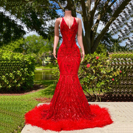 Arabian Sexy Black Girl Mermaid Prom Dresses 2020 Red Sequined Elegant Backless Feather Evening Gowns long Women Formal Dress,BL18613