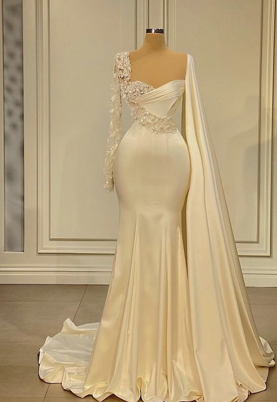 Gorgeous Long Sleeves Appliques Beading Satin Mermaid Long Evening Dress,DS4966