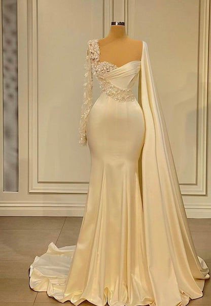 Gorgeous Long Sleeves Appliques Beading Satin Mermaid Long Evening Dress,DS4966