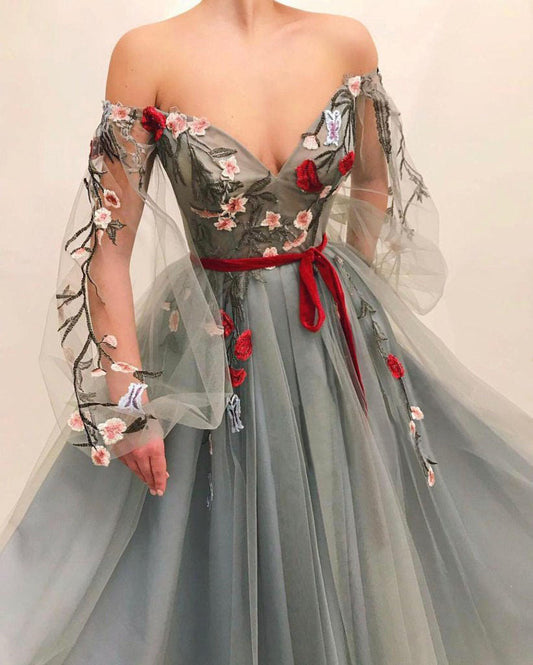 Off The Shoulder Long Sleeves A Line Tulle Long Prom Dresses With Flowers,DS4335