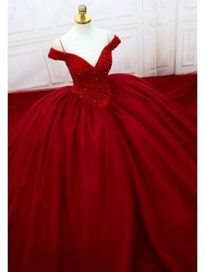 RED GOTHIC BEADING OFF-THE-SHOULDER BALL GOWN WEDDING DRESS,DS4599