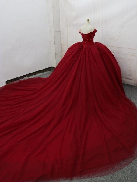 RED GOTHIC BEADING OFF-THE-SHOULDER BALL GOWN WEDDING DRESS,DS4599