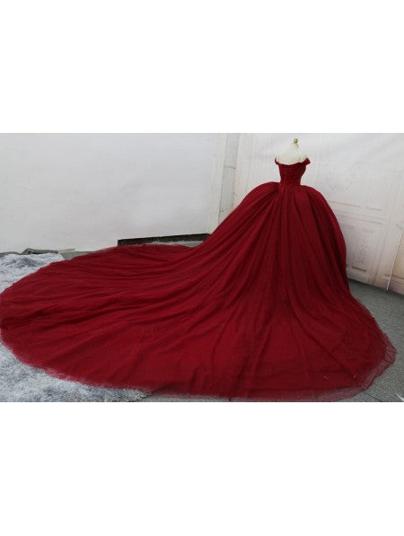 RED GOTHIC BEADING OFF-THE-SHOULDER BALL GOWN WEDDING DRESS,DS4599