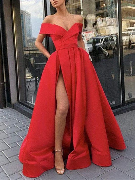 Off Shoulder Red/ Blue High Slit Prom Dresses, Off Shoulder Formal Dresses, Graduation Dresses,DS1855