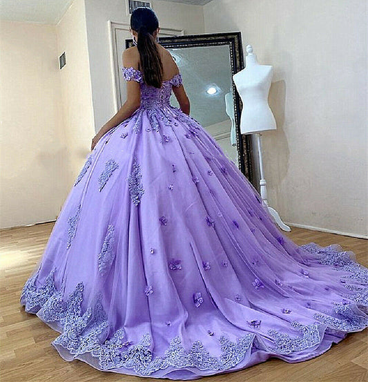 Off Shoulder Quinceanera Dresses Lace Applique Flower Sweet 16 Evening Ball Gown,DS4600