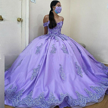 Off Shoulder Quinceanera Dresses Lace Applique Flower Sweet 16 Evening Ball Gown,DS4600