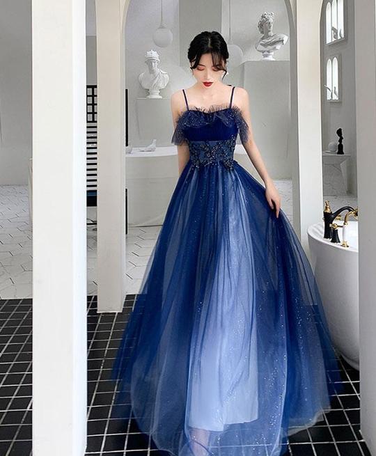 CUTE BLUE SWEETHEART TULLE LACE LONG PROM DRESS BLUE TULLE FORMAL DRESS .DS3046