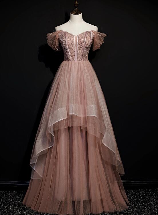 Dark Pink Tulle Beaded Layer Tulle Long Evening Dress, Charming Prom Dress .DS3044