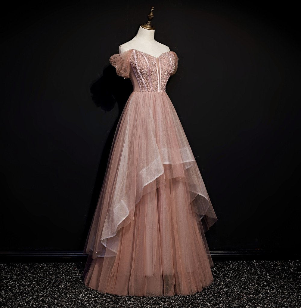 Dark Pink Tulle Beaded Layer Tulle Long Evening Dress, Charming Prom Dress .DS3044