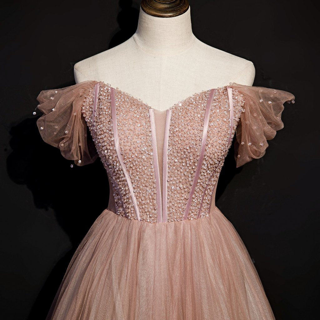 Dark Pink Tulle Beaded Layer Tulle Long Evening Dress, Charming Prom Dress .DS3044