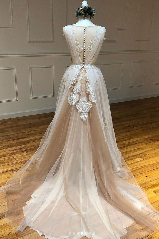 CHAMPAGNE TULLE LACE LONG PROM DRESS CHAMPAGNE EVENING DRESS.DS3051