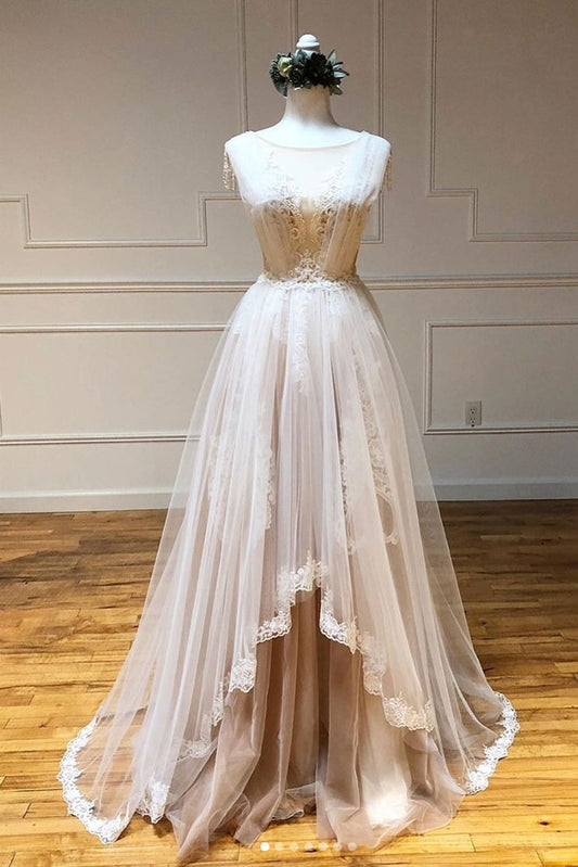 CHAMPAGNE TULLE LACE LONG PROM DRESS CHAMPAGNE EVENING DRESS.DS3051